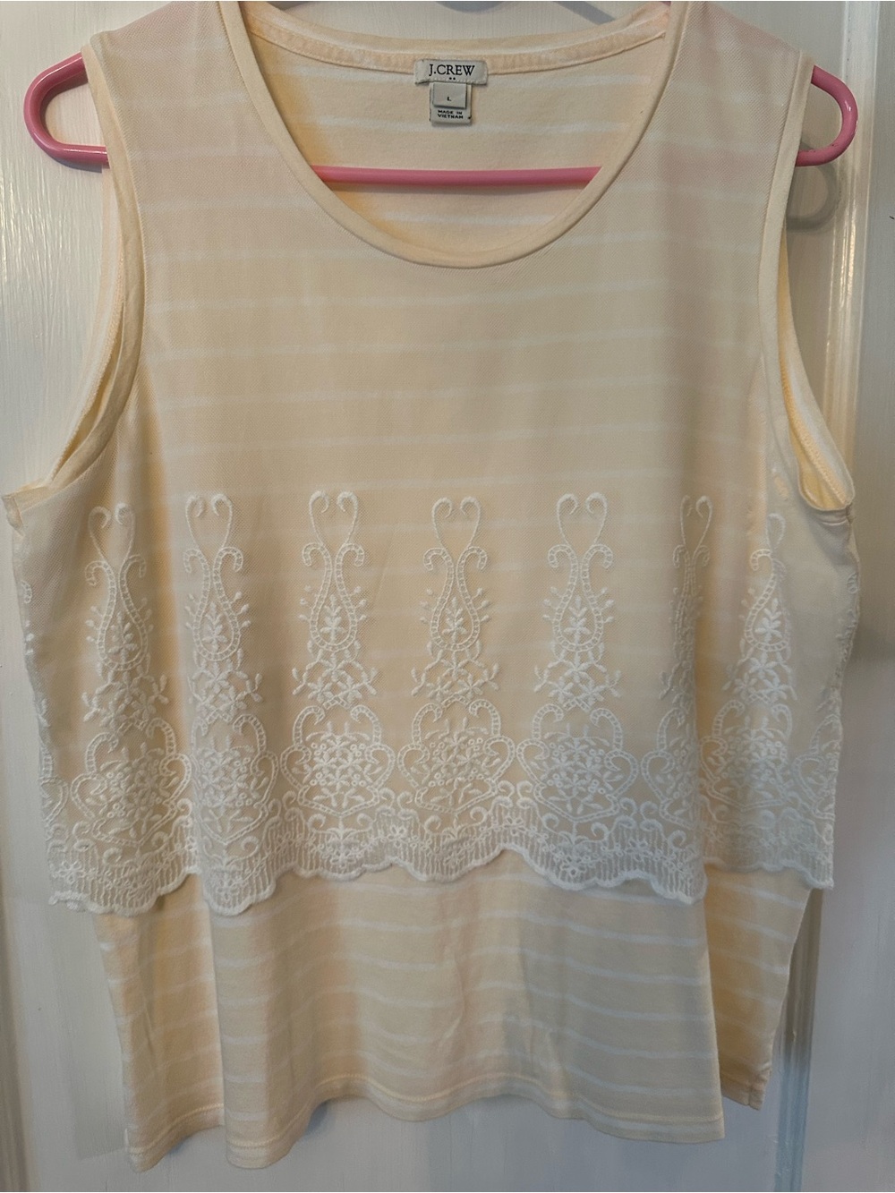 J Crew lace overlay tank, off white and light peach striped